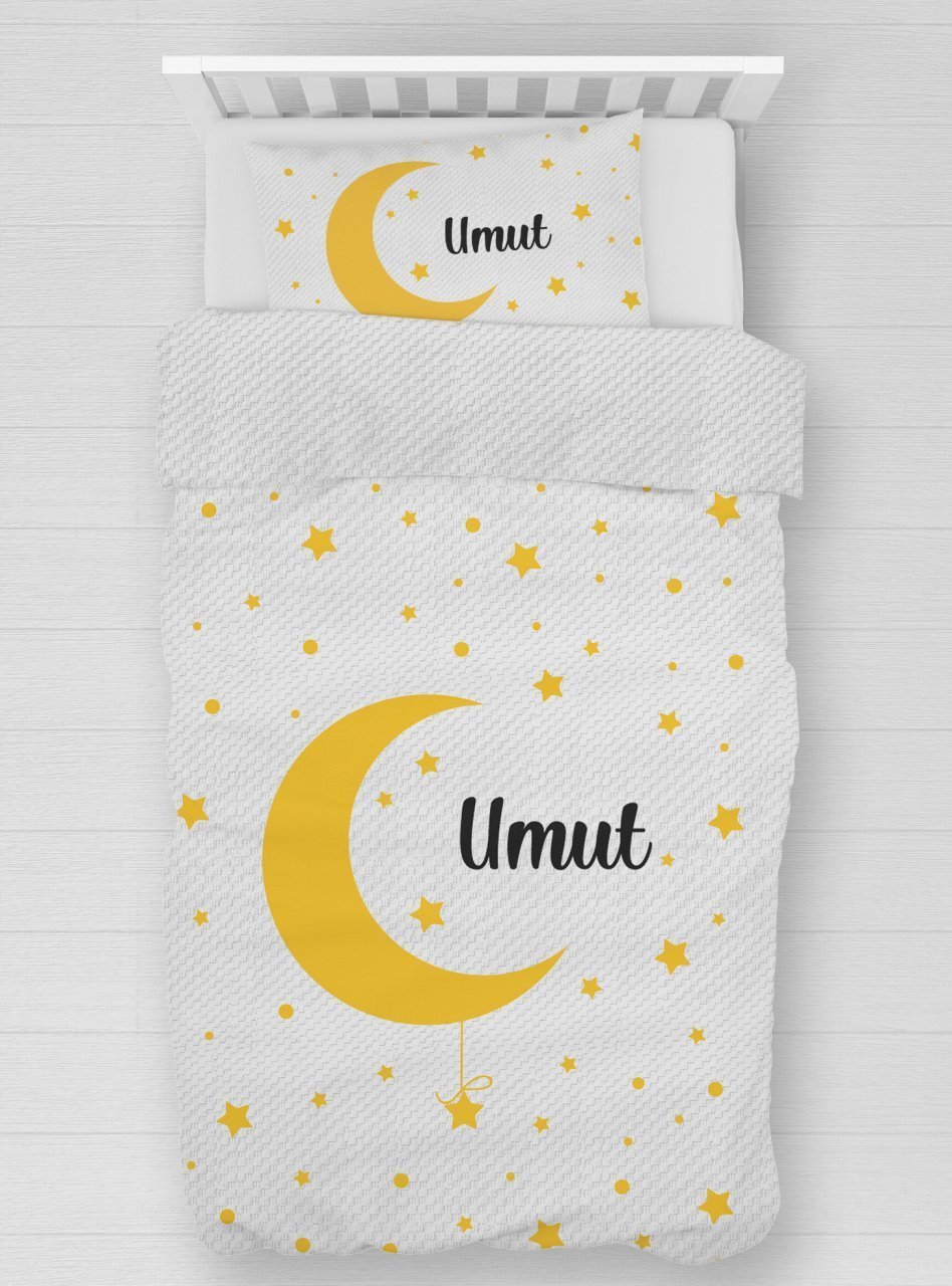Kişiye Özel %100 Pamuk Tek Kişilik Pike Seti Yıldızlar ve Ay
