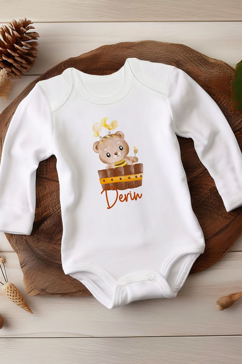 İsme Özel Bal Arısı Beyaz Uzun Kollu Bebek Body nwuznzbn11