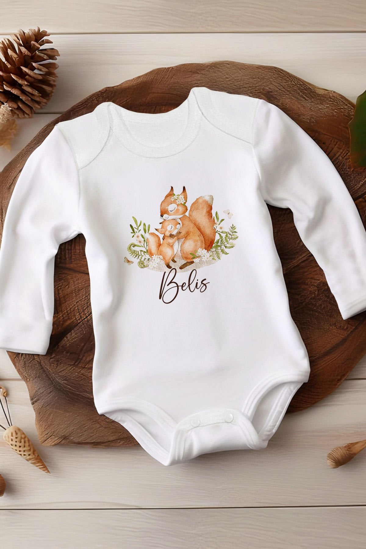 İsme Özel Sincap Tasarımlı Beyaz Uzun Kollu Bebek Body nwuznzbn05