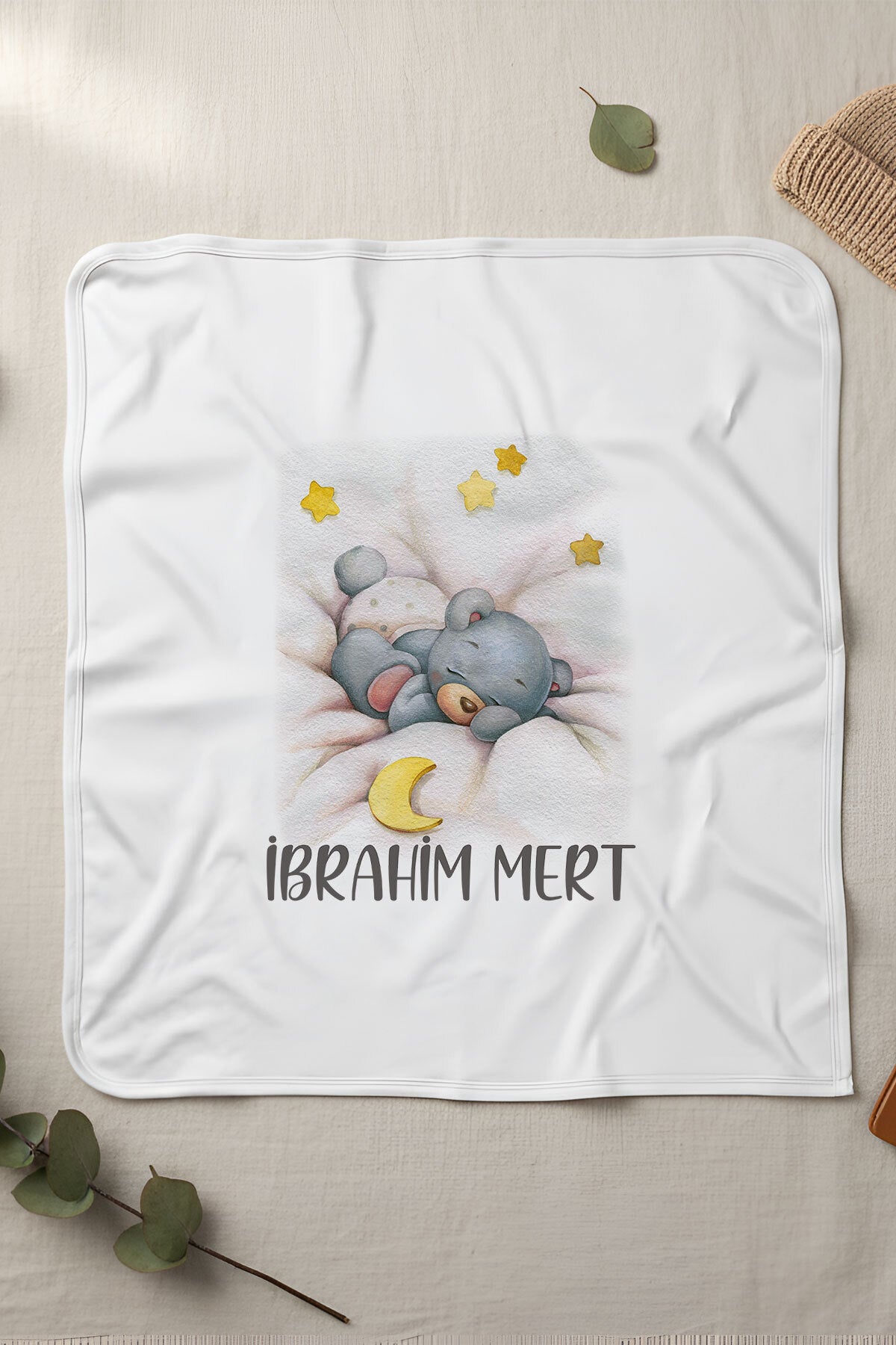 İsme Özel Penye Bebek Battaniyesi Uyuyan Ayı Ürün ana görseli