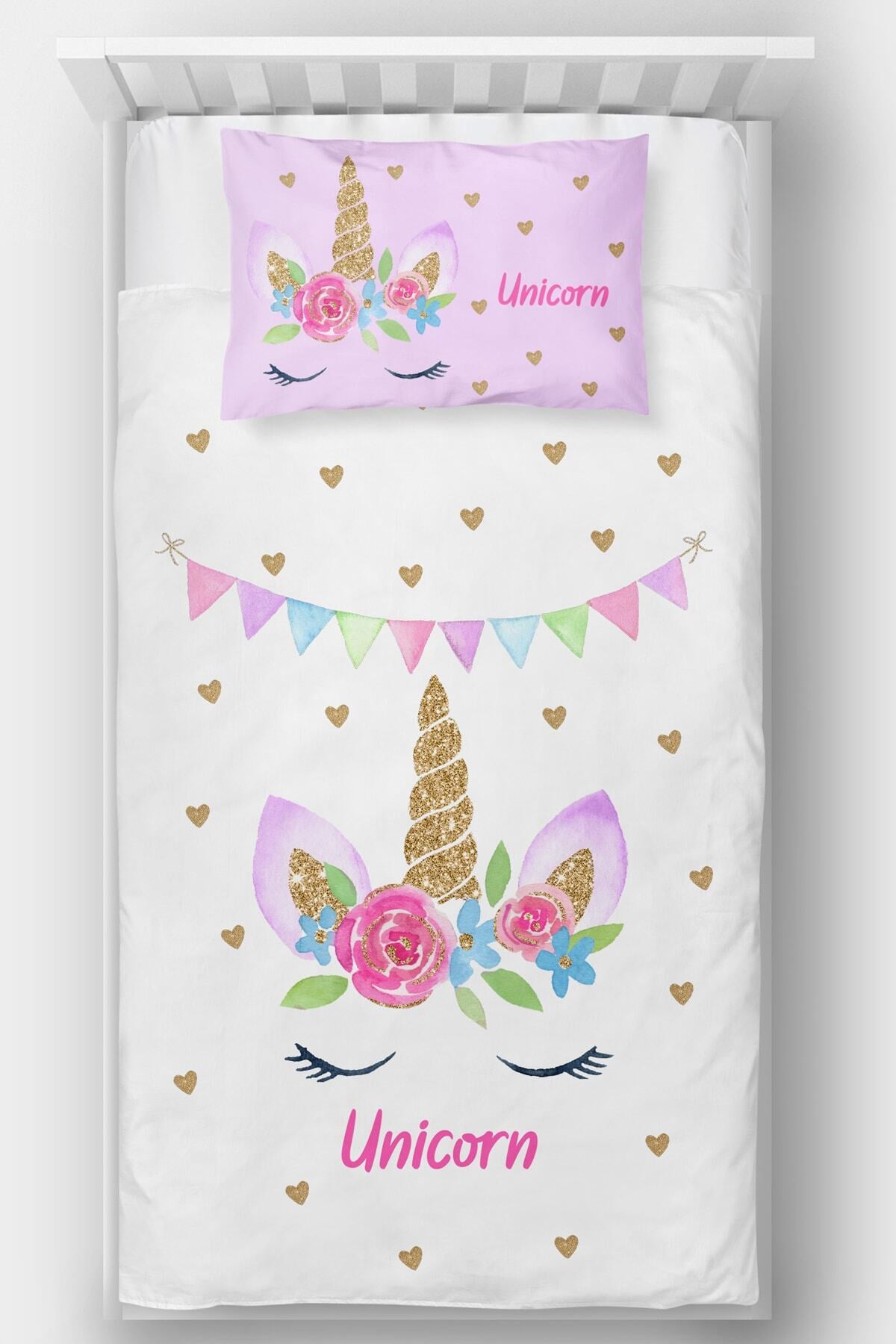 Beyaz Unicorn Tek Kişilik Yatak Örtüsü
