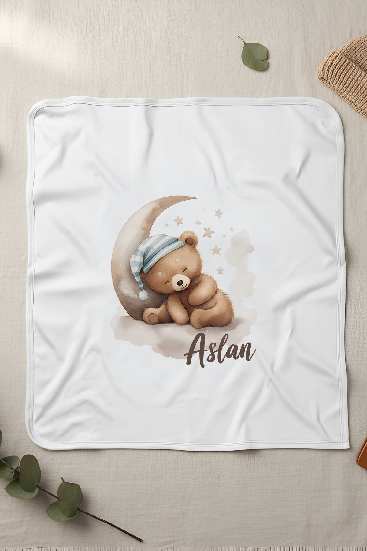 İsme Özel Penye Bebek Battaniyesi Ayda Uyuyan Ayı Ürün ana görseli