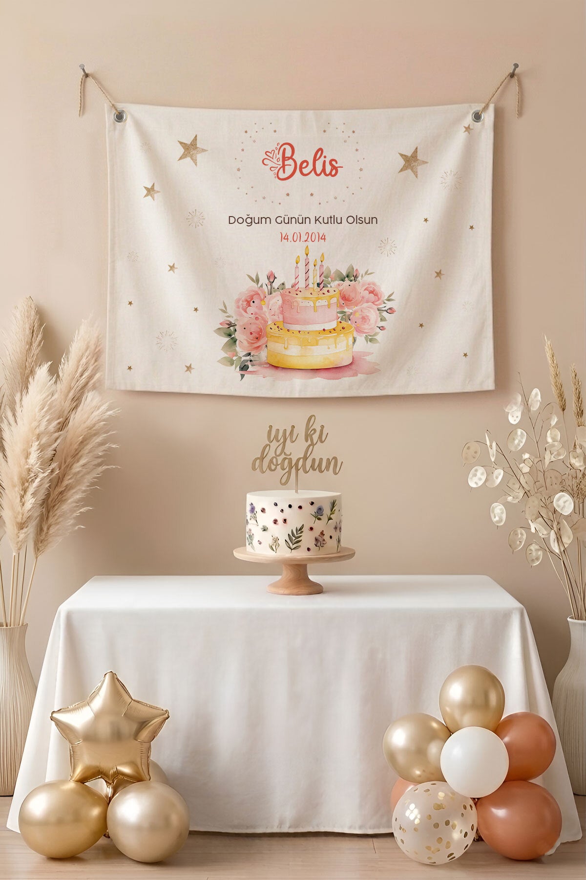 Kişiye Özel Doğum Günü Happy Birthday Duvar Örtüsü Duvar Halısı Birinci Kalite Kumaş Ürün ana görseli