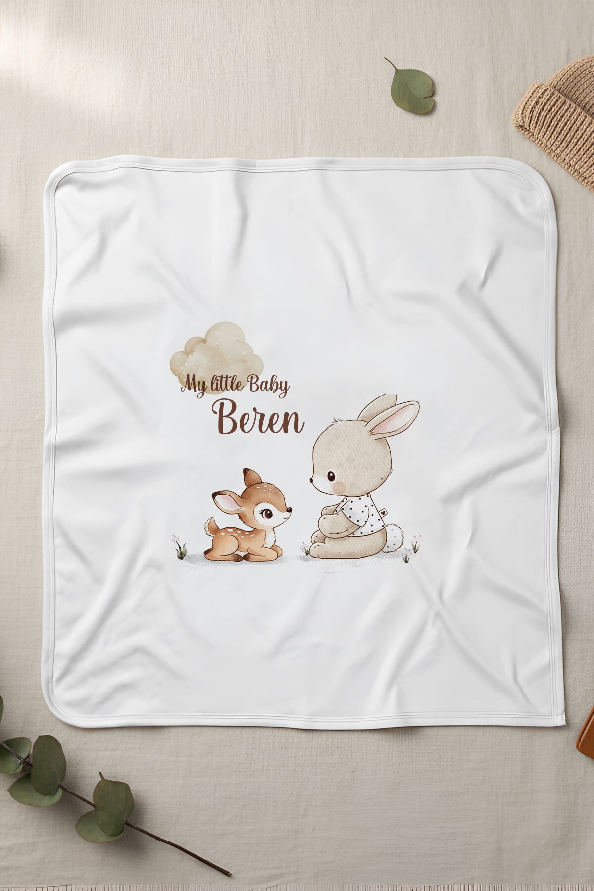 İsme Özel Penye Bebek Battaniyesi Bambi ve Tavşan Ürün ana görseli