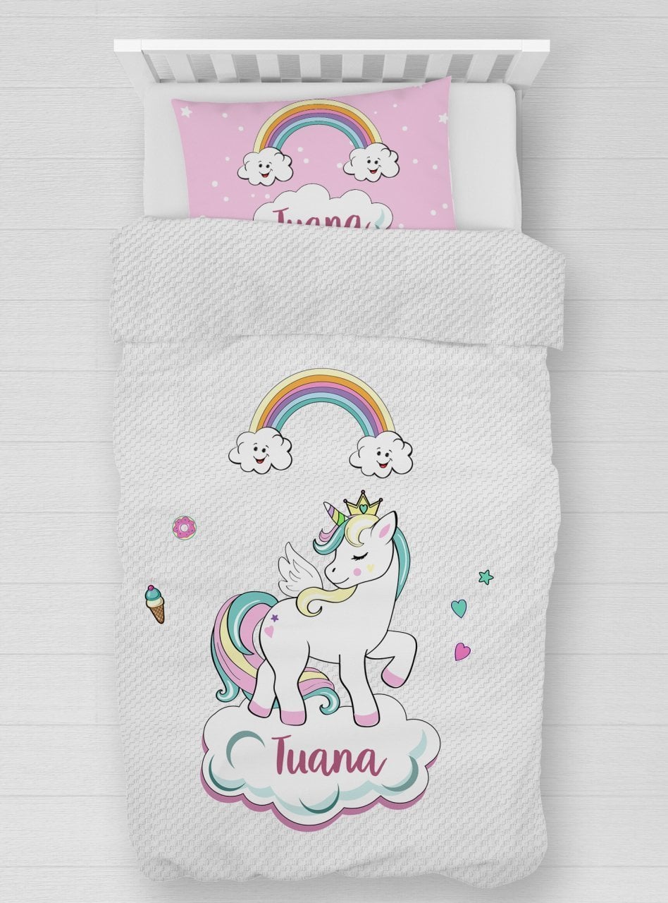 Kişiye Özel %100 Pamuk Tek Kişilik Pike Seti Unicorn