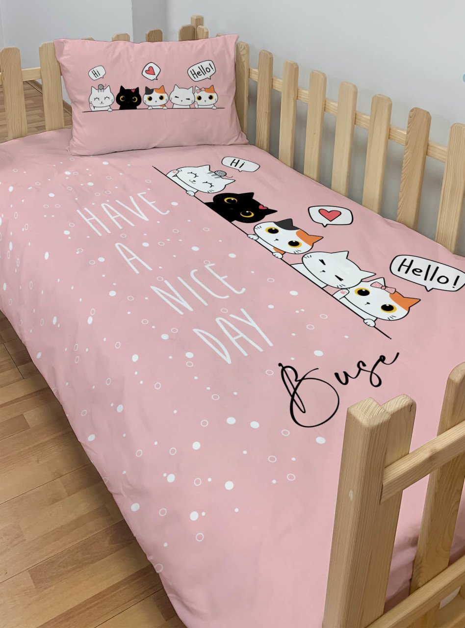 Kişiye Özel Montessori %100 Pamuk Nevresim Seti Kedili Ürün ana görseli