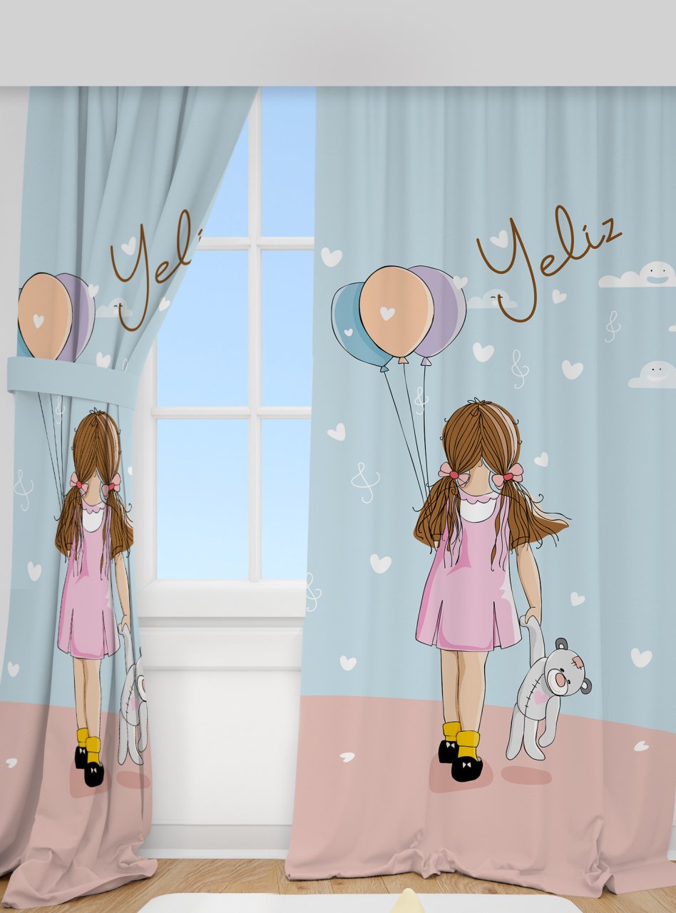 Kişiye Özel Fon Perde Balonlu Kız Ürün ana görseli