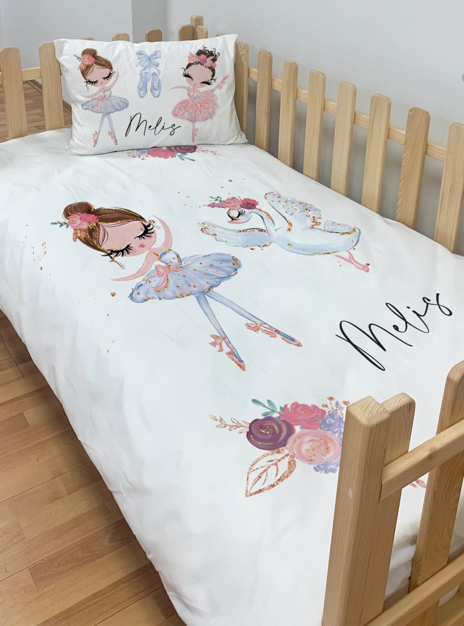 Kişiye Özel Montessori %100 Pamuk Nevresim Seti Kuğulu Balerin Ürün ana görseli