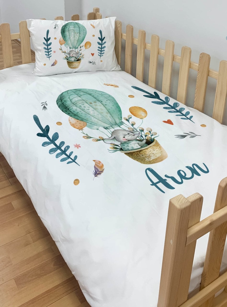 Kişiye Özel Montessori %100 Pamuk Nevresim Seti Balonlu Fil Ürün ana görseli