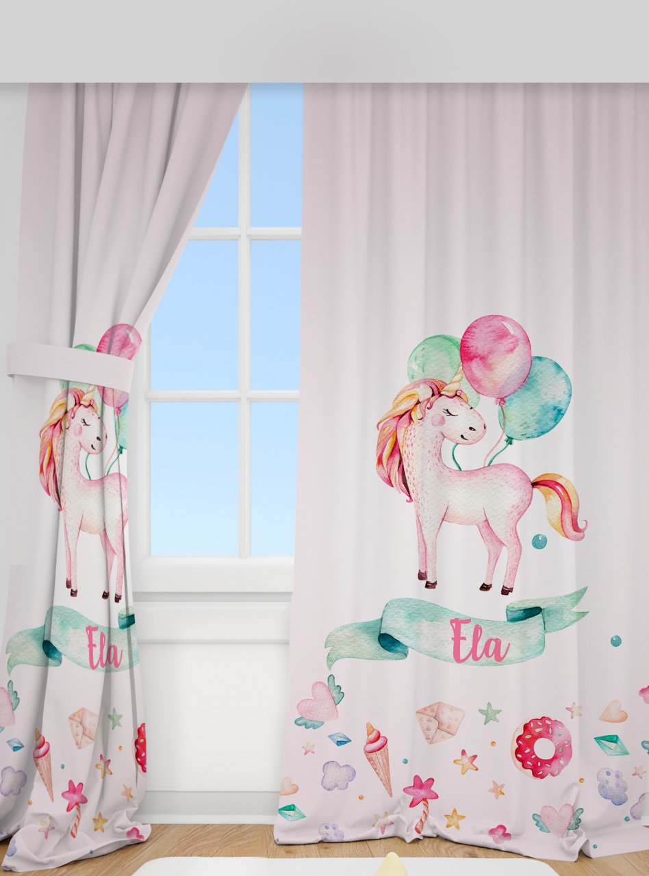 Kişiye Özel Fon Perde Balonlu Unicorn Ürün ana görseli