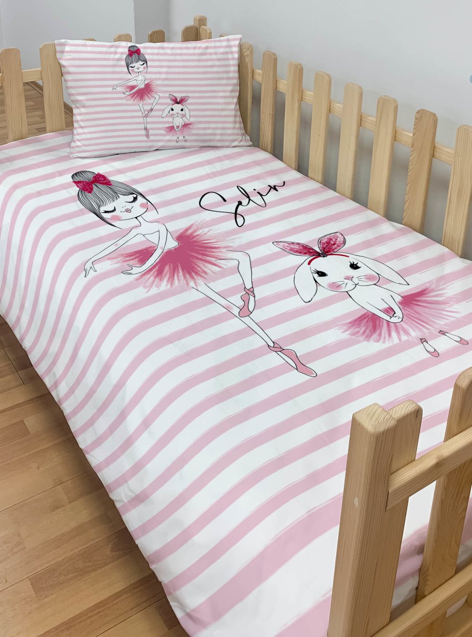 Kişiye Özel Montessori %100 Pamuk Nevresim Seti Tavşanlı Balerin Ürün ana görseli
