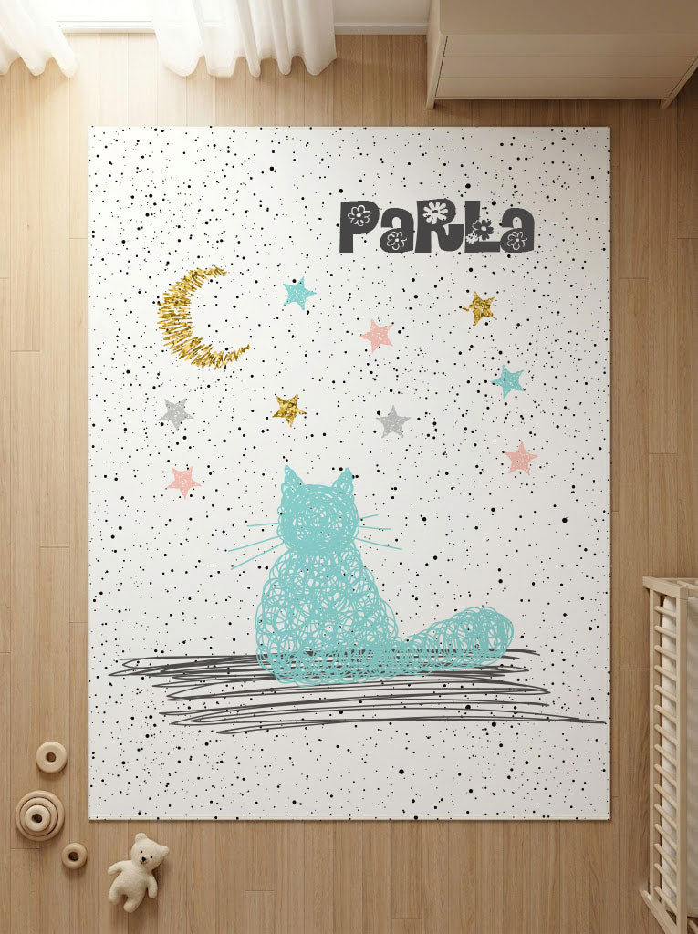 Kişiye Özel Ay ve Kedi Çocuk Halısı