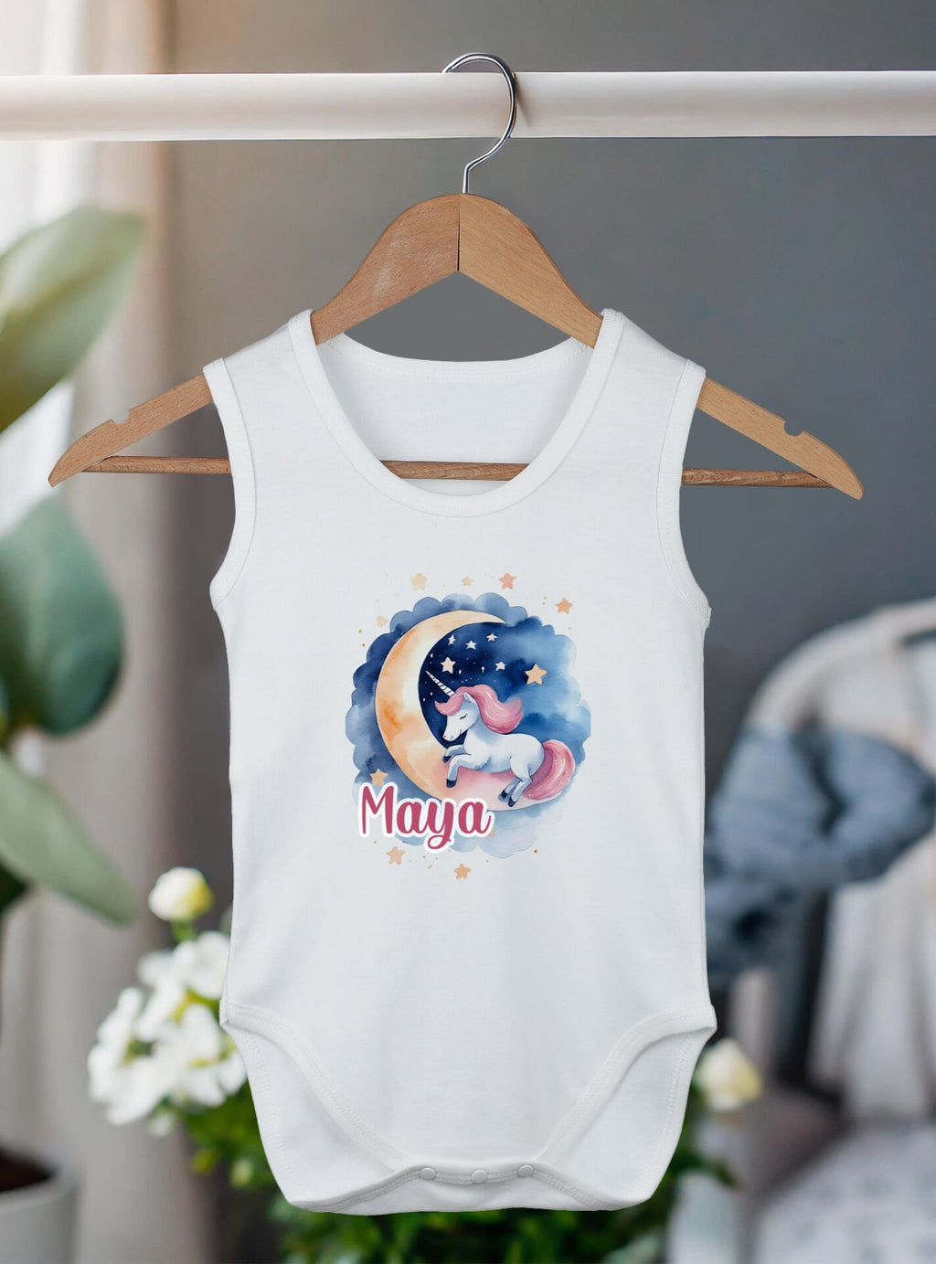 %100 Organik Pamuk Kişiye Özel Beyaz Atlet Body Zıbın Aydaki Unicorn atl-33