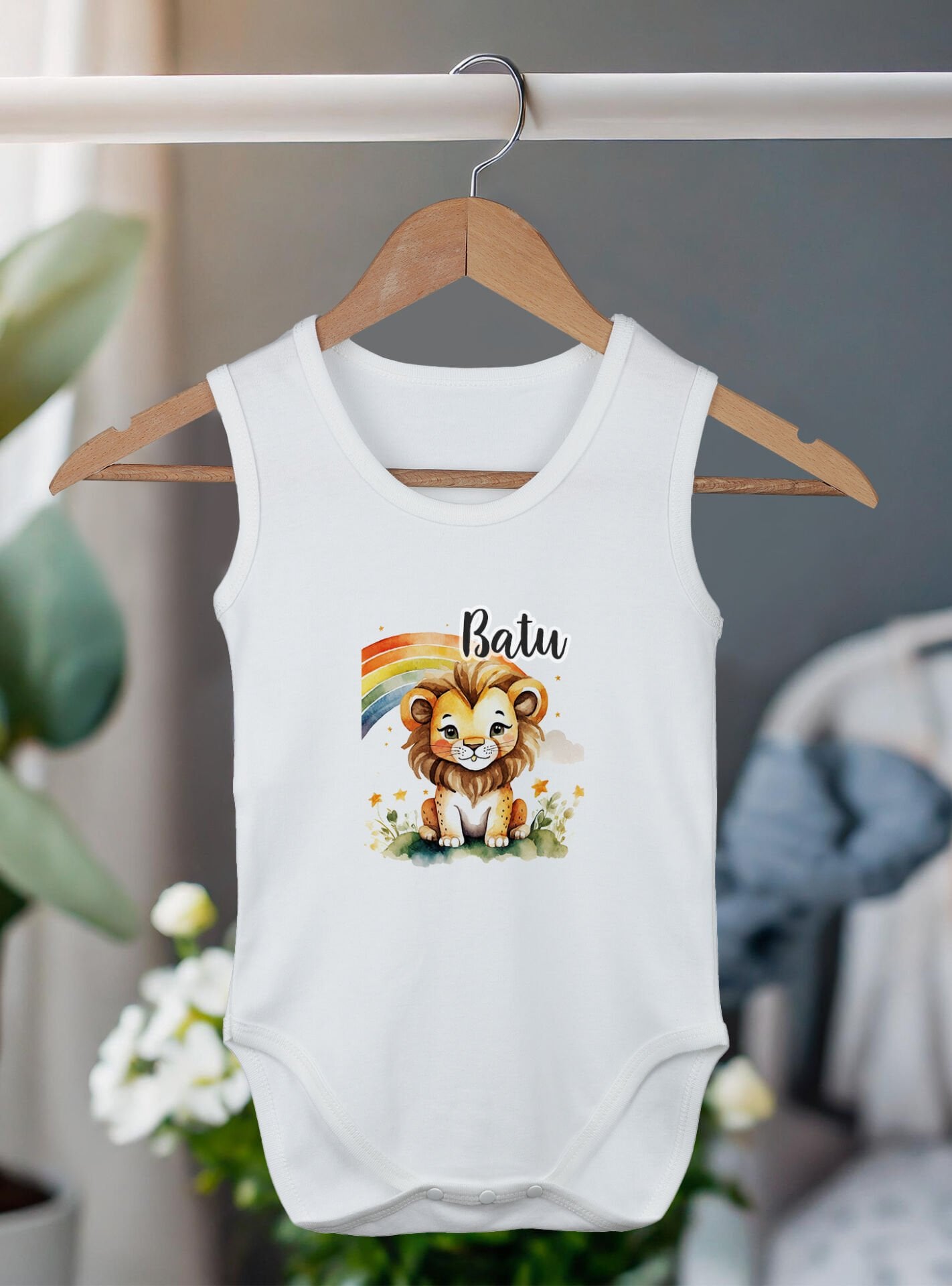 %100 Organik Pamuk Kişiye Özel Beyaz Atlet Body Zıbın Aslan atl-40 Ürün ana görseli