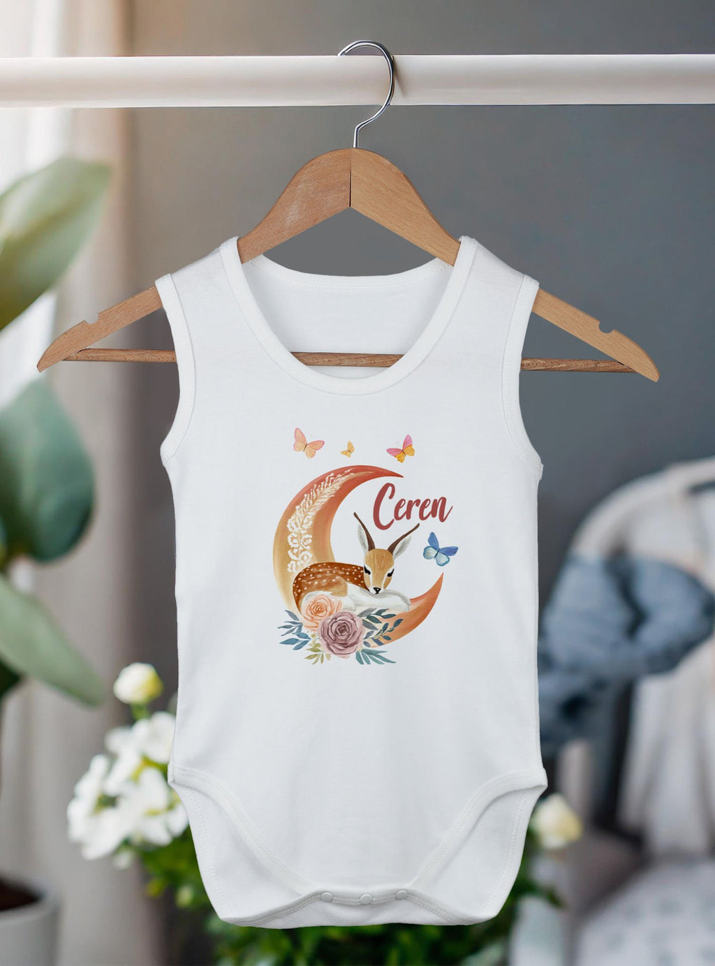 %100 Organik Pamuk Kişiye Özel Beyaz Atlet Body Zıbın Aydaki Bambi atl-8