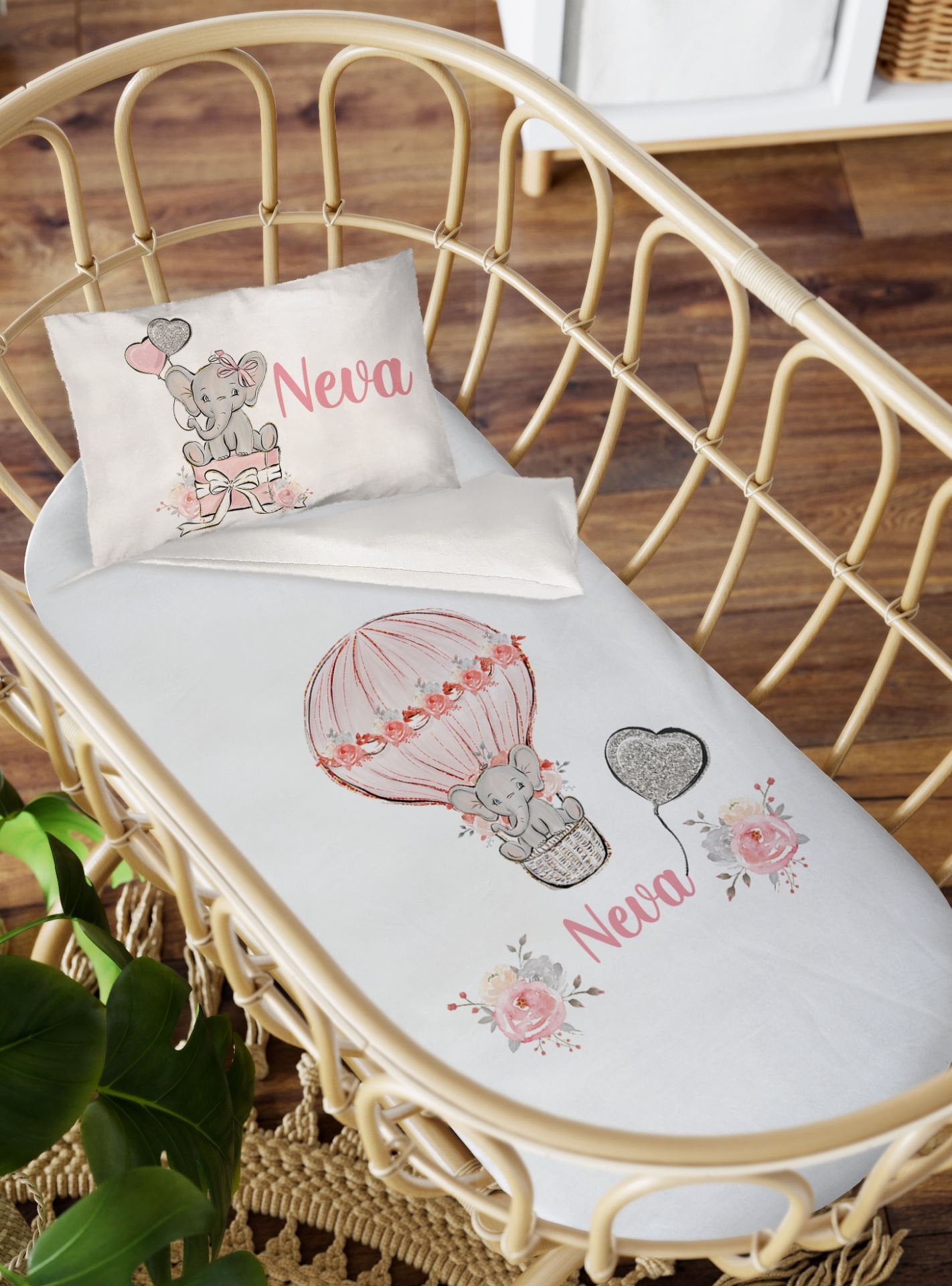 Anne Yanı Beşik Nevresim Takımı Pembe Balonlu Fil Ürün ana görseli