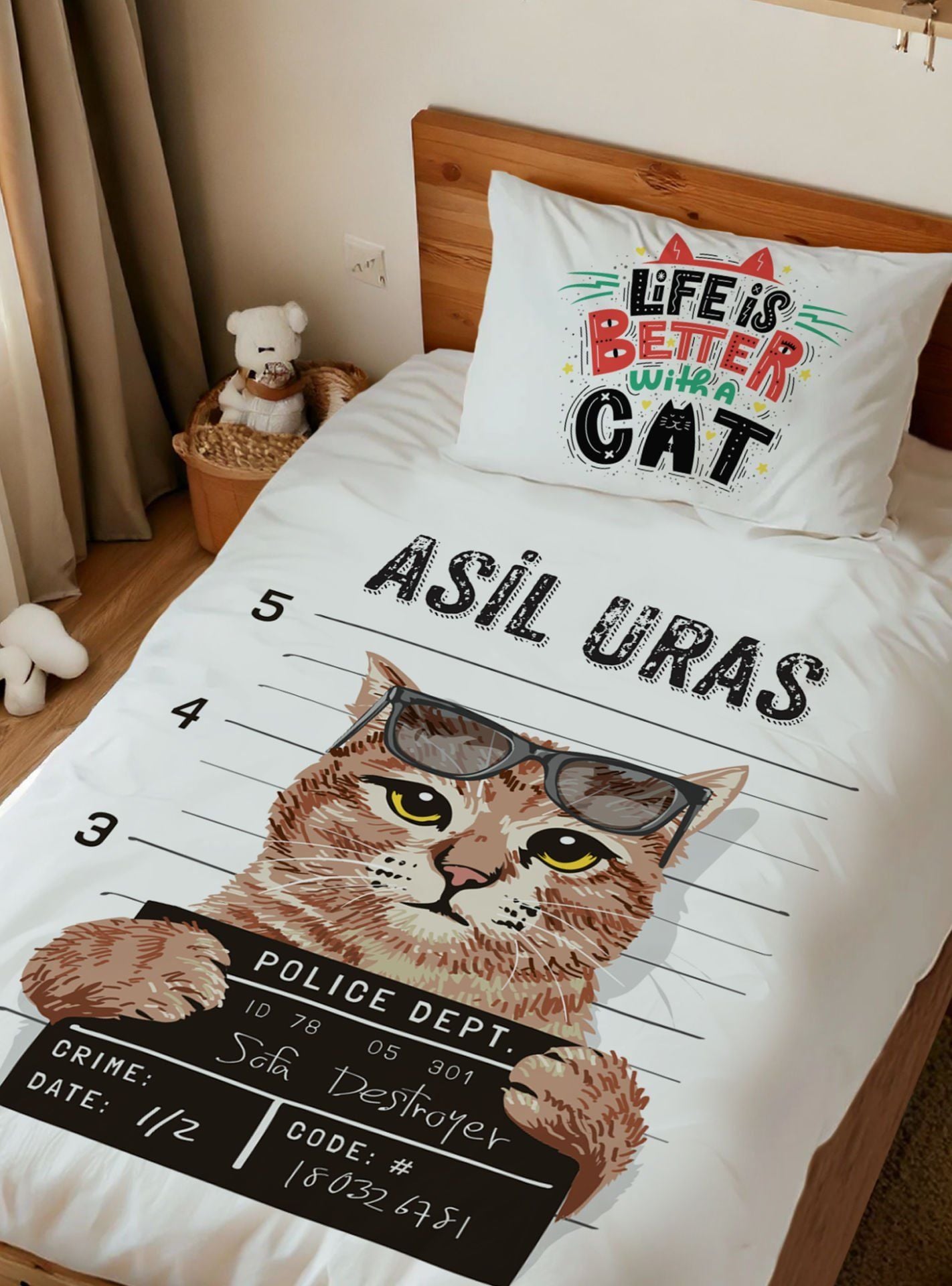 Kişiye Özel Tek Kişilik Nevresim Takımı Kedi Ürün ana görseli