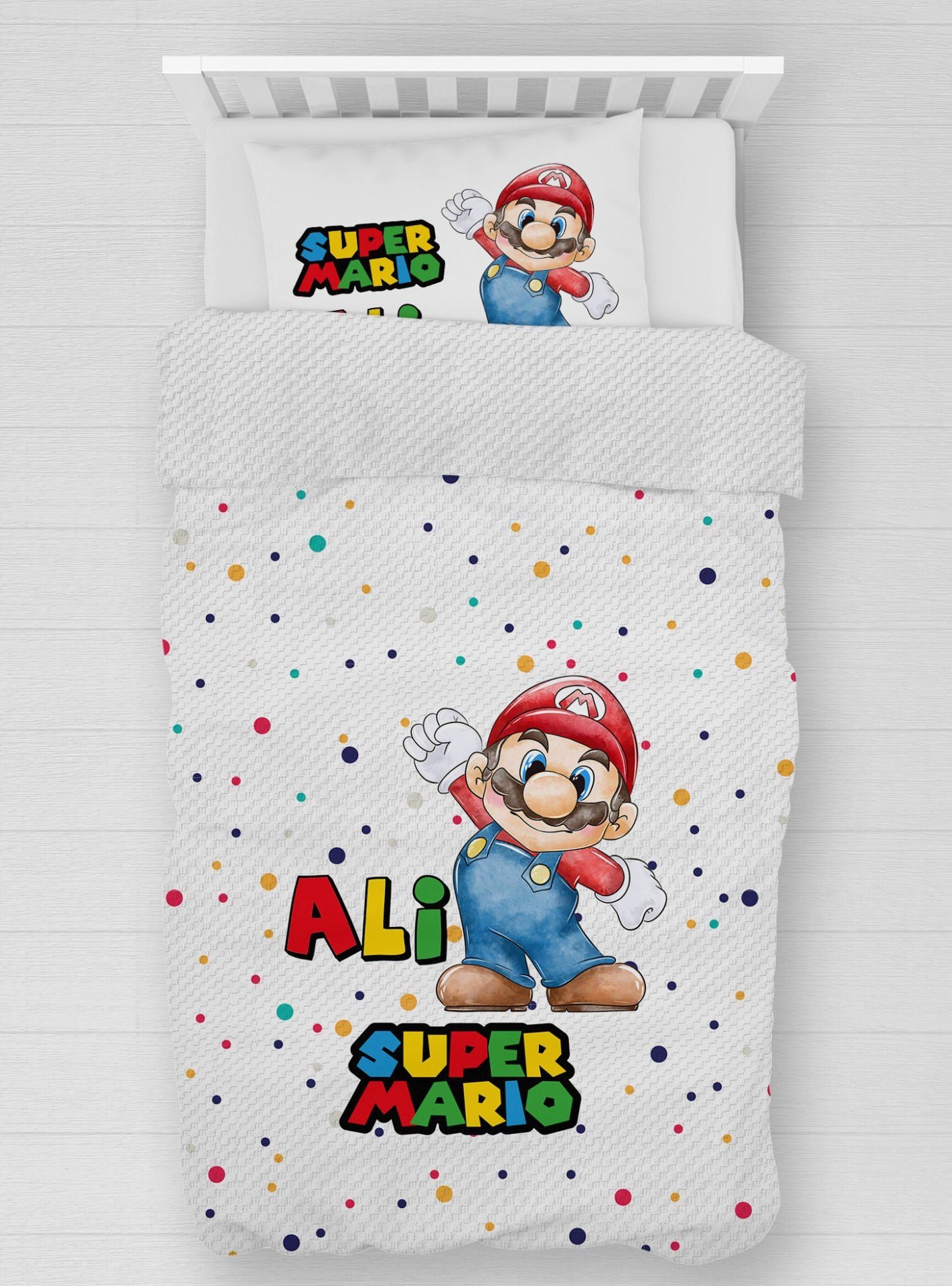 Kişiye Özel %100 Pamuk Tek Kişilik Pike Seti Super Mario tkpk72536958