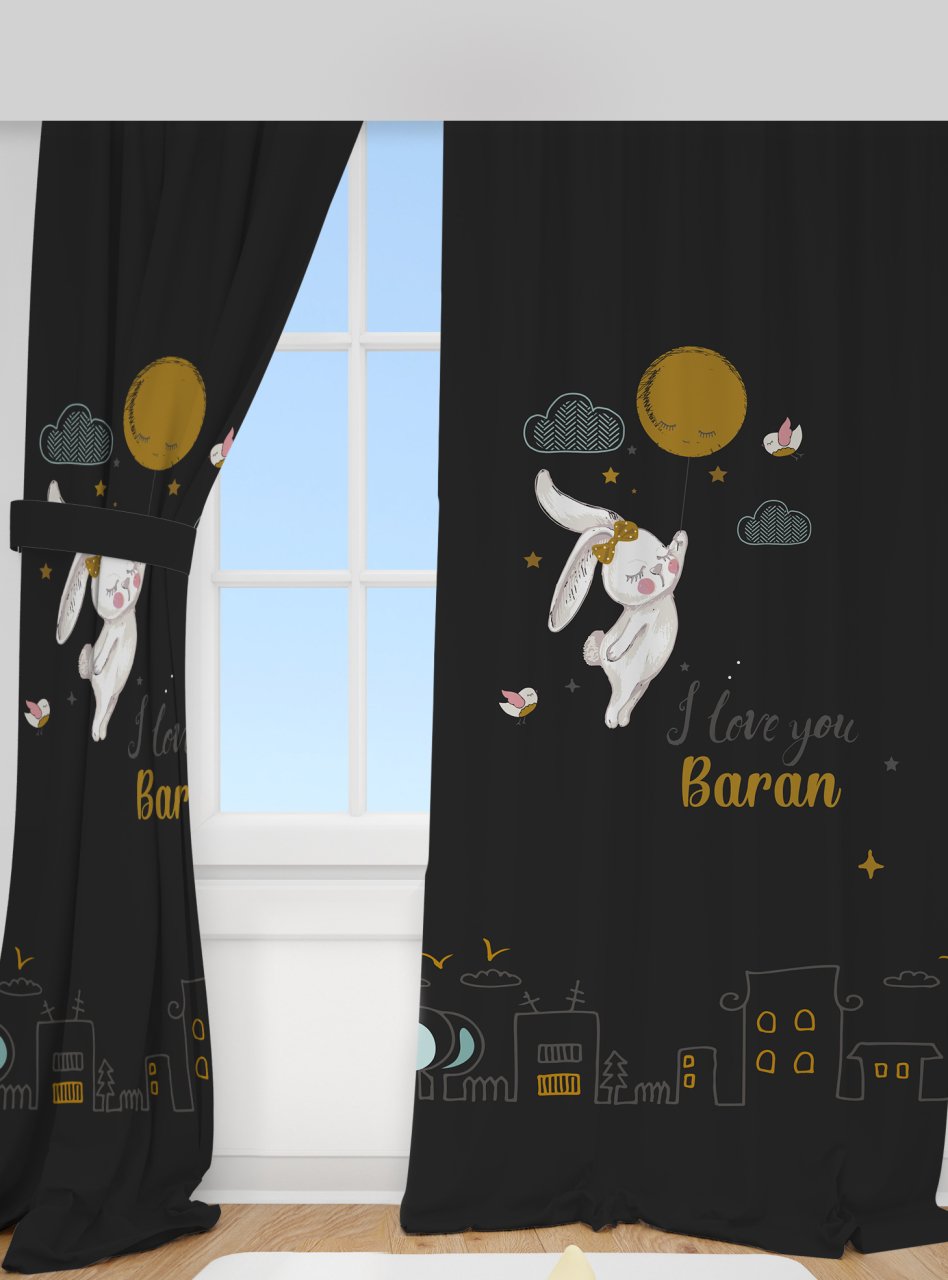 Kişiye Özel Baskılı Fon Perde Balonlu Tavşan Ürün ana görseli