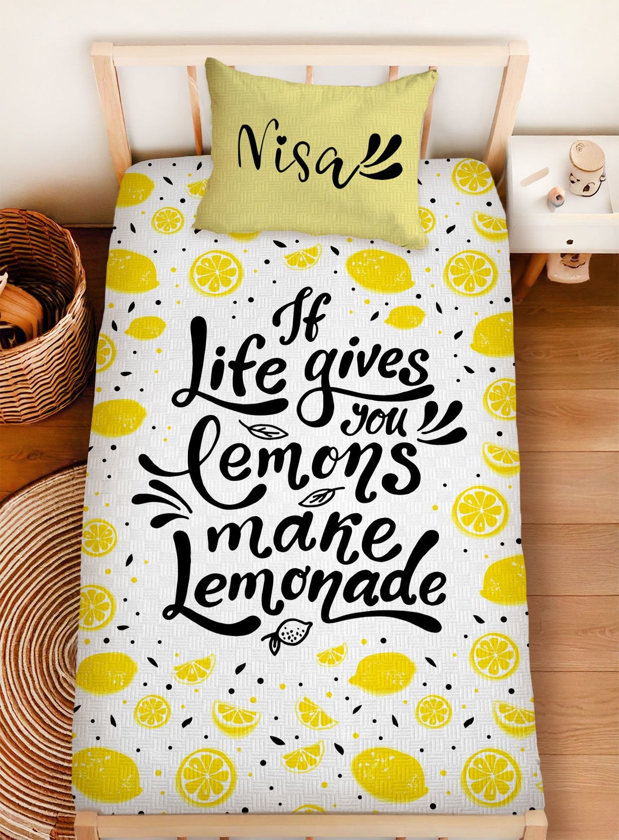 Kişiye Özel %100 Pamuk Tek Kişilik Pike Seti Limonata Ürün ana görseli