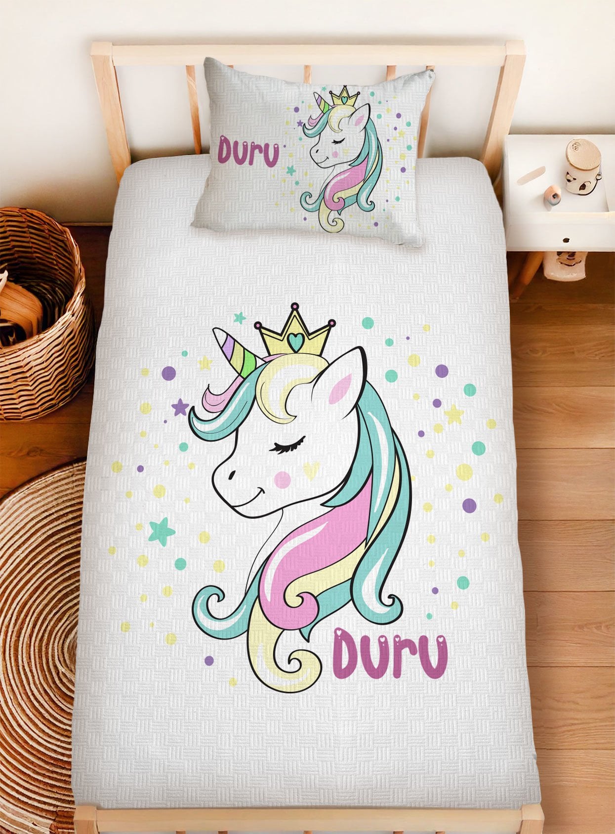 Kişiye Özel %100 Pamuk Tek Kişilik Pike Seti Unicorn Ürün ana görseli