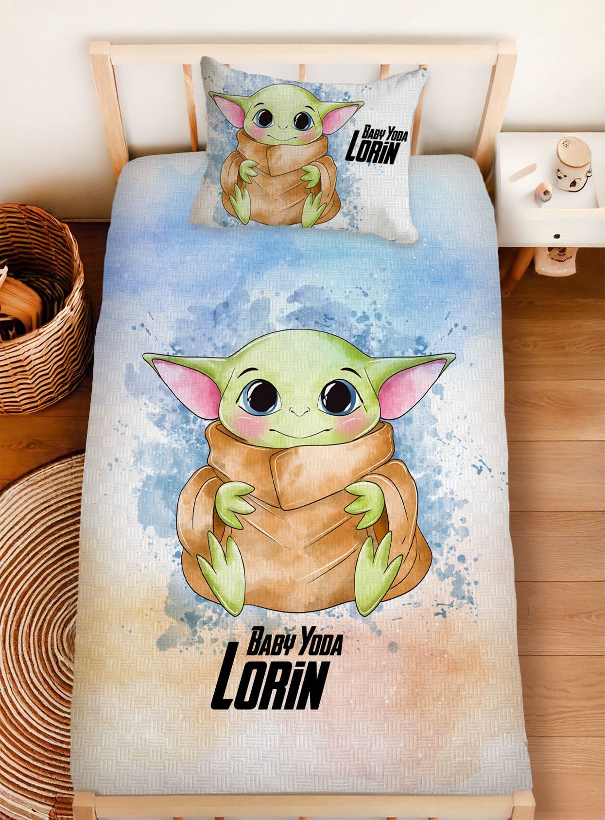 Kişiye Özel %100 Pamuk Tek Kişilik Pike Seti Star Wars Yoda