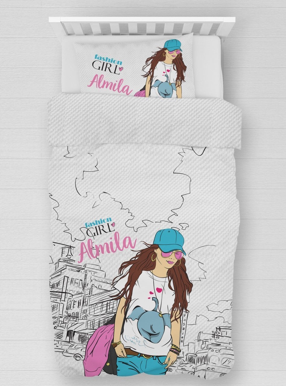 Kişiye Özel %100 Pamuk Tek Kişilik Pike Seti Fashion Girl Ürün ana görseli