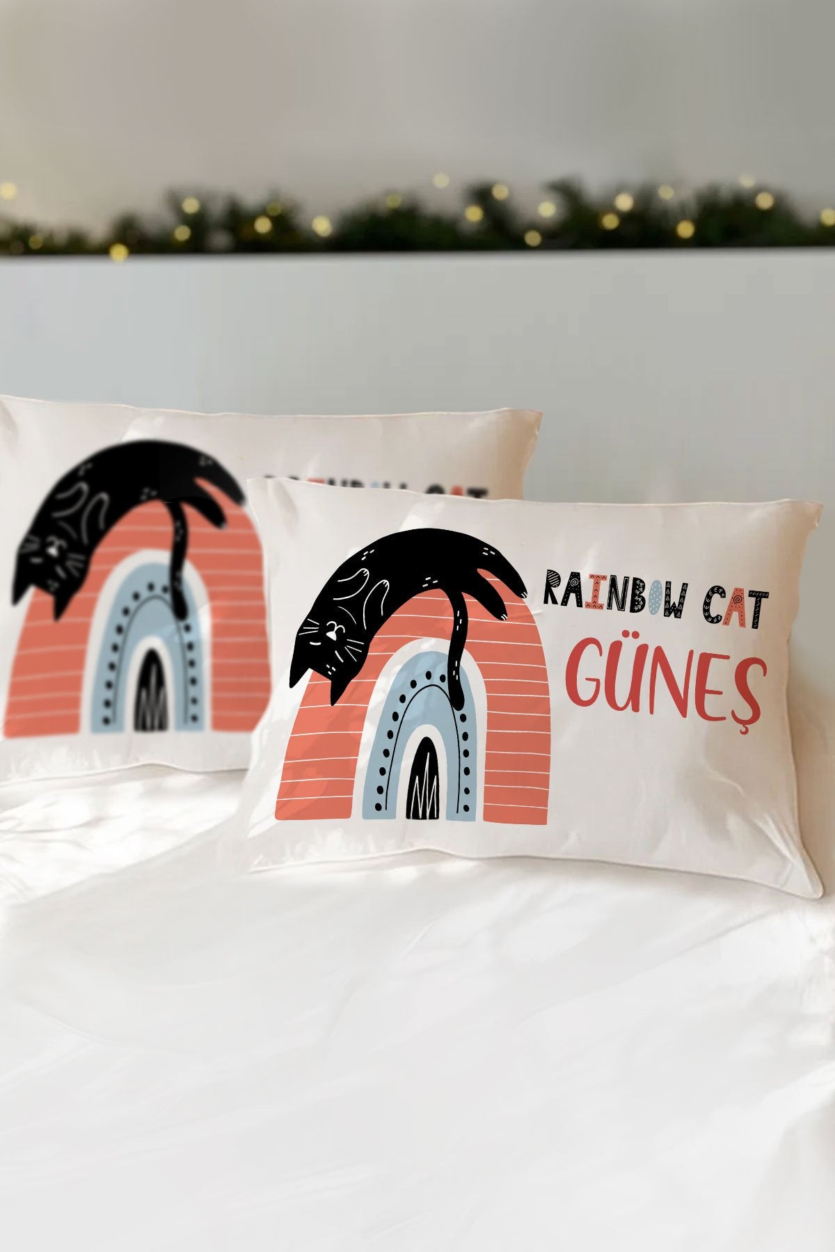 Kişiye Özel Gökkuşağı Kedi Çocuk Yastık Kılıfı