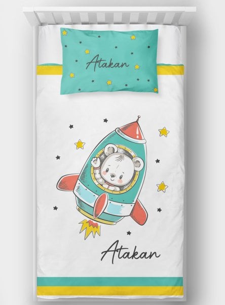 Kişiye Özel Tek Kişilik Yatak Örtüsü Astronot Ayı
