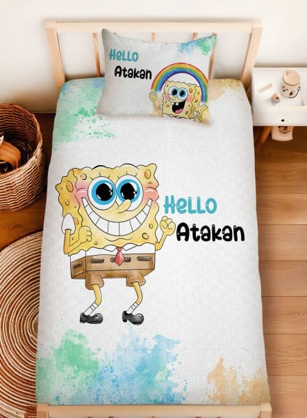 Kişiye Özel %100 Pamuk Tek Kişilik Pike Seti Sünger Bob