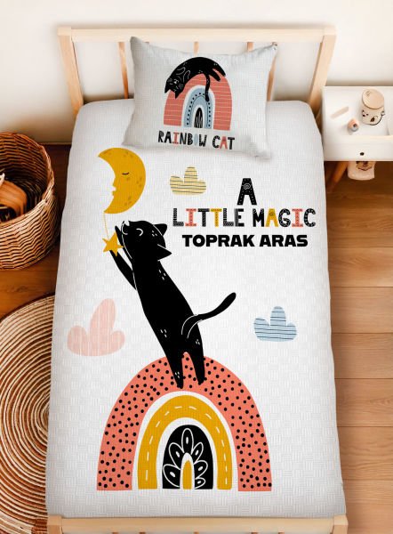 Kişiye Özel %100 Pamuk Tek Kişilik Pike Seti Kara Kedi