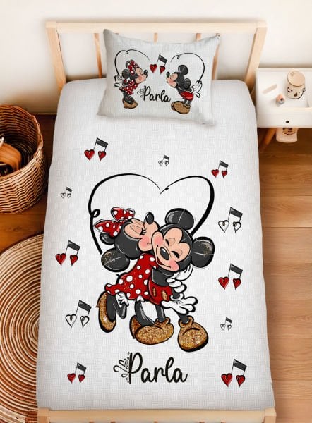 Kişiye Özel %100 Pamuk Tek Kişilik Pike Seti Mickey Minnie Mouse