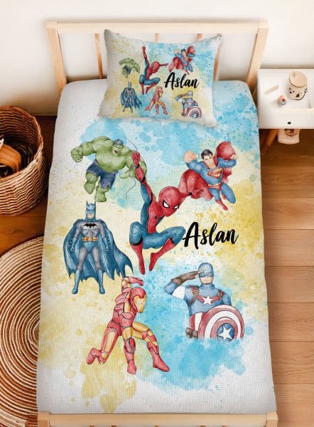 Kişiye Özel %100 Pamuk Tek Kişilik Pike Seti Marvel Kahramanlar