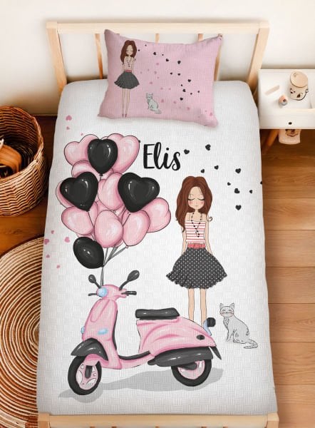 Kişiye Özel %100 Pamuk Tek Kişilik Pike Seti Motosikletli Kız