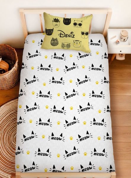 Kişiye Özel %100 Pamuk Tek Kişilik Pike Seti Meow Kedi