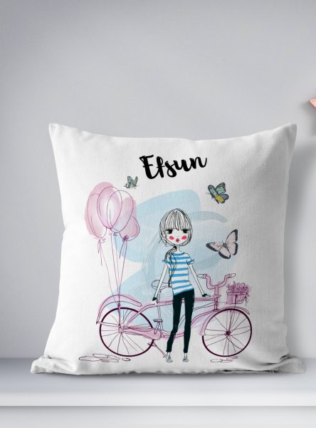 Kişiye Özel Çift Taraflı Kare Kırlent Kılıfı Bisikletli Kız