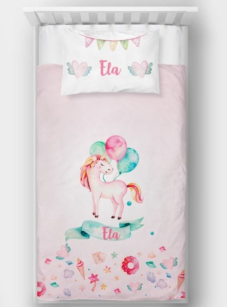 Kişiye Özel Tek Kişilik Yatak Örtüsü Balonlu Unicorn