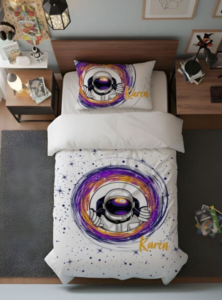 Kişiye Özel Genç Odası Tek Kişilik Nevresim Astronot