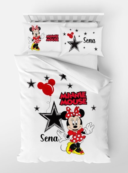 Kişiye Özel Tek Kişilik Micro Saten Nevresim Minnie Mouse