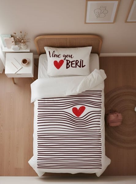 Kişiye Özel Genç Odası Tek Kişilik Nevresim Kalp