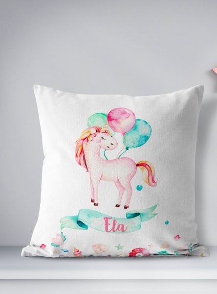 Kişiye Özel Çift Taraflı Kare Kırlent Kılıfı Balonlu Unicorn