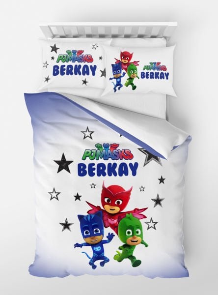Kişiye Özel Tek Kişilik Micro Saten Nevresim PJ Maskeliler