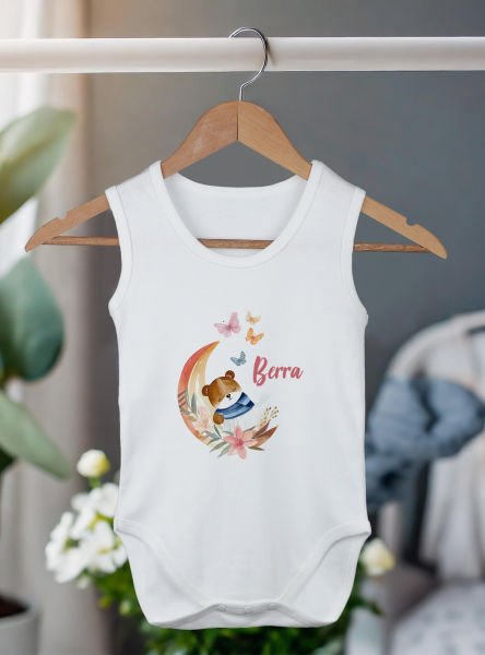 %100 Organik Pamuk Kişiye Özel Beyaz Atlet Body Zıbın Aydaki Çiçekli Ayı