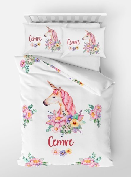 Kişiye Özel Tek Kişilik Micro Saten Nevresim Unicorn