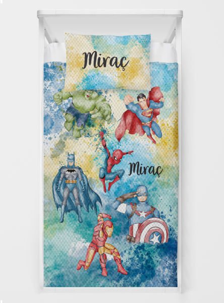 Kişiye Özel %100 Pamuk Tek Kişilik Pike Seti Marvel Kahramanlar
