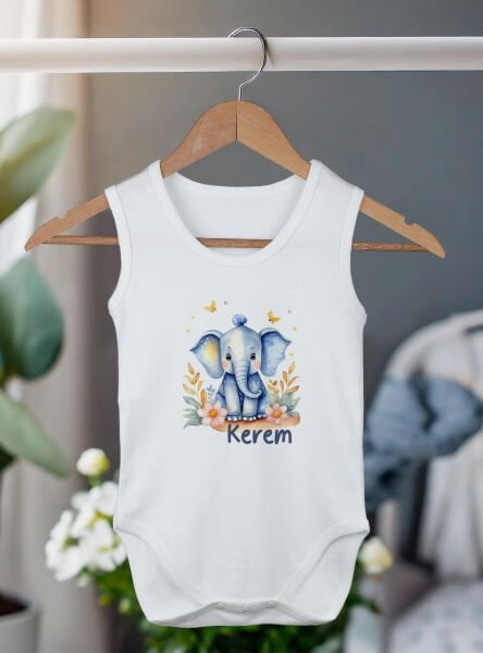 %100 Organik Pamuk Kişiye Özel Beyaz Atlet Body Zıbın Mavi Fil