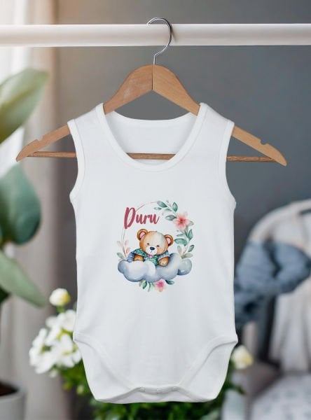 %100 Organik Pamuk Kişiye Özel Beyaz Atlet Body Zıbın Buluttaki Ayıcık
