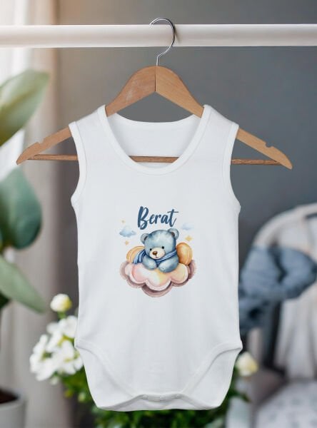 %100 Organik Pamuk Kişiye Özel Beyaz Atlet Body Zıbın Buluttaki Mavi Ayı