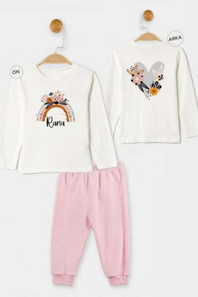 İsme Özel Organik Kız Bebek Pijama Takımı Çiçekli Kalp Gökkuşağı
