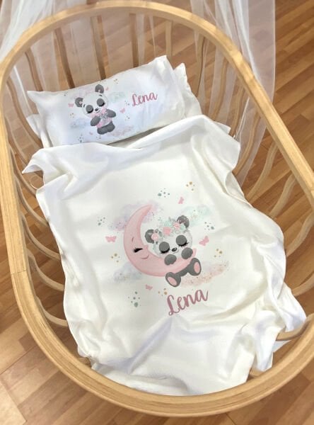 Anne Yanı ve Park Yatak Pike Seti Pembe Panda